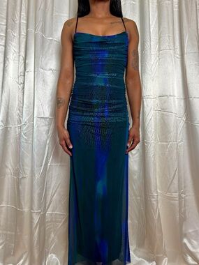 Zara Abstract Watercolor Ruched Mesh Maxi Corset Dress